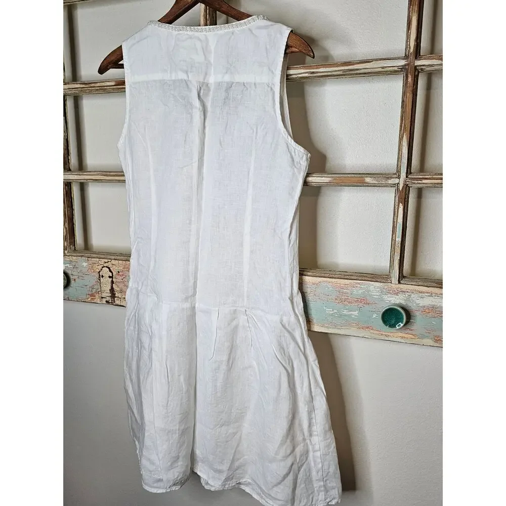 Linen Dress White Drop Waist Pearl Accents by Malvin Germany Ladies size Small - Picture 7 of 11